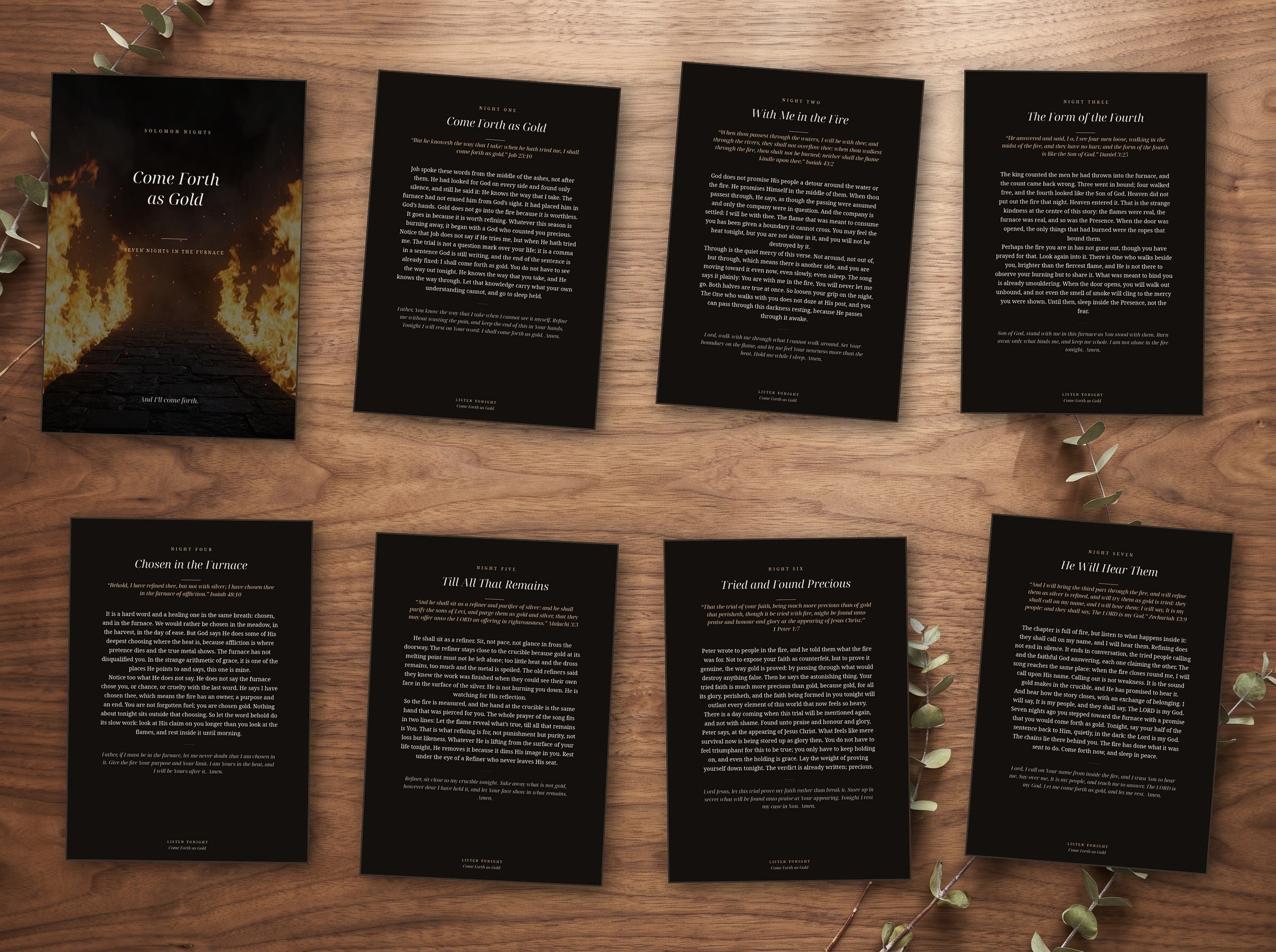 The seven night devotional shown as printed cards on a table