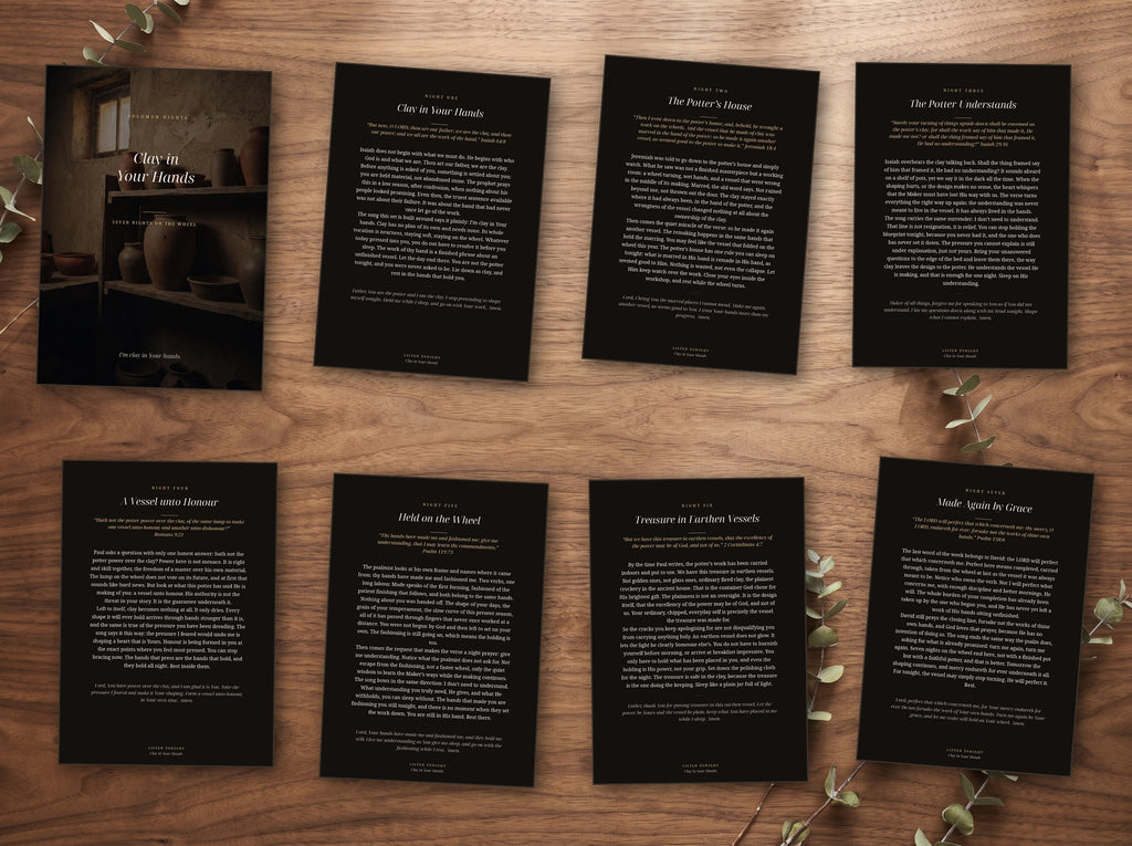 The seven night devotional shown as printed cards on a table