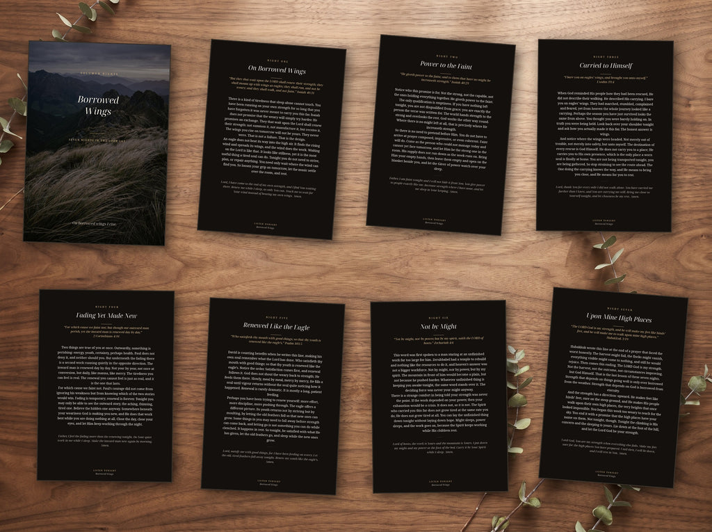 The seven night devotional shown as printed cards on a table