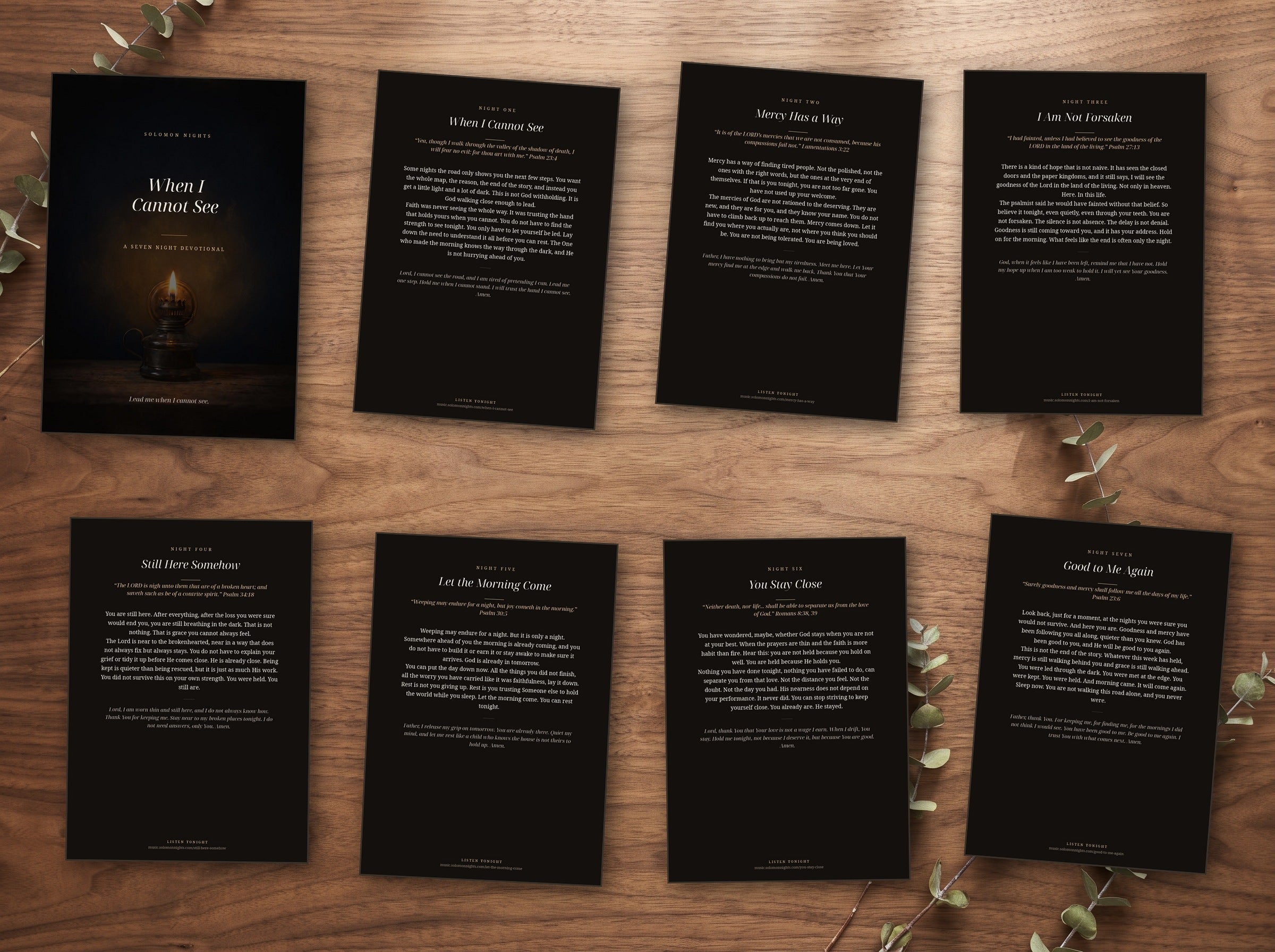 The seven night devotional shown as printed cards on a table