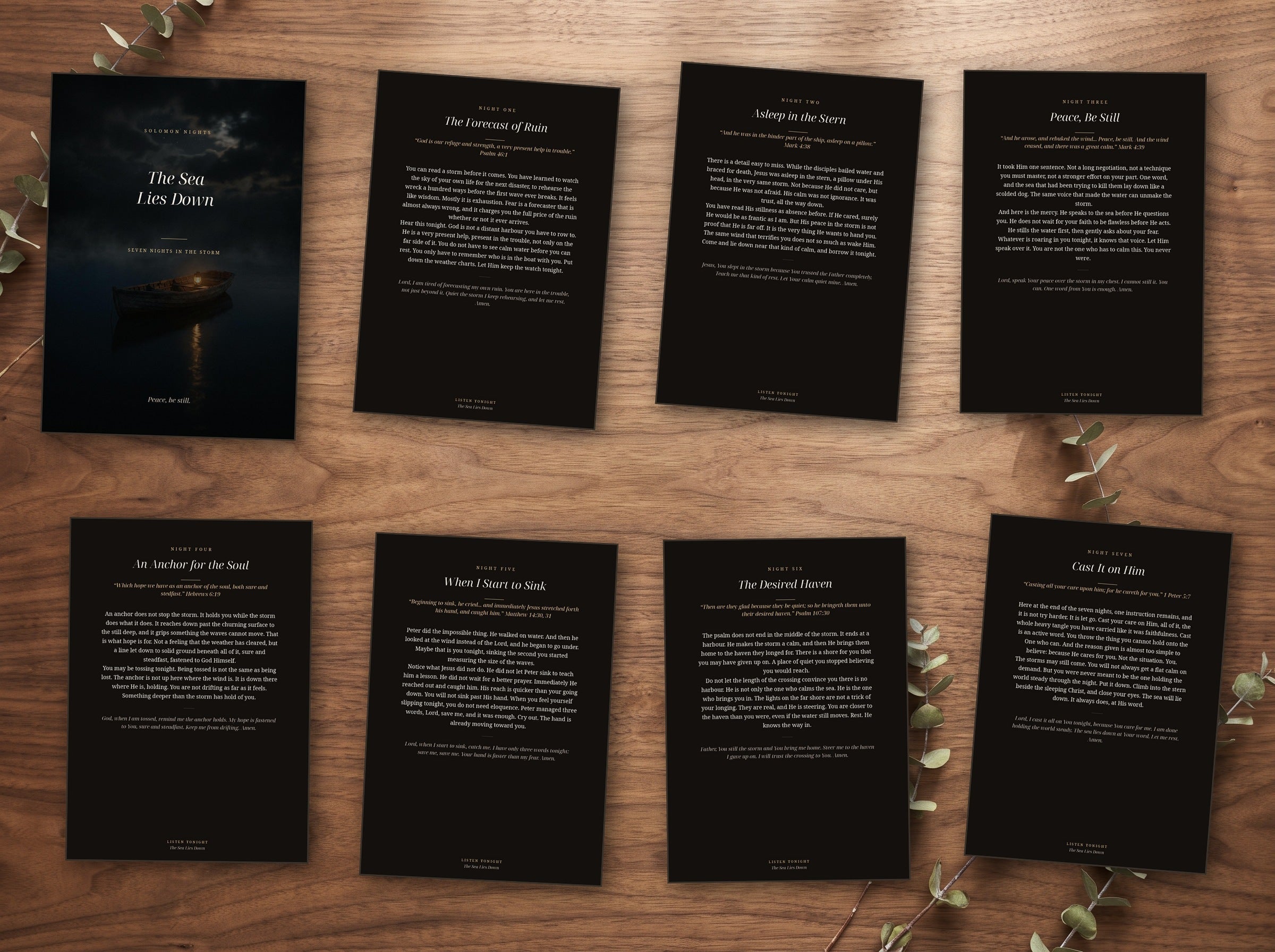 The seven night devotional shown as printed cards on a table